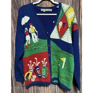 Vintage Lauren Hansen Knit Cardigan Sweater Blue Golf Golfing L Woman